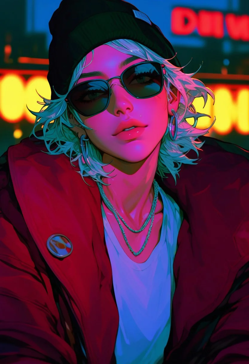 score_9, score_8_up, score_7_up, alternative girl, watching over black sunglasses, jacket, necklace, neon light reflections on skin, ear ring, makeup, skin imperfection, cute hair, beanie, neon lights background, low light, depth of field, highly detailed, high contrast, film grain, Rim Lighting, Long Exposure, DSLR