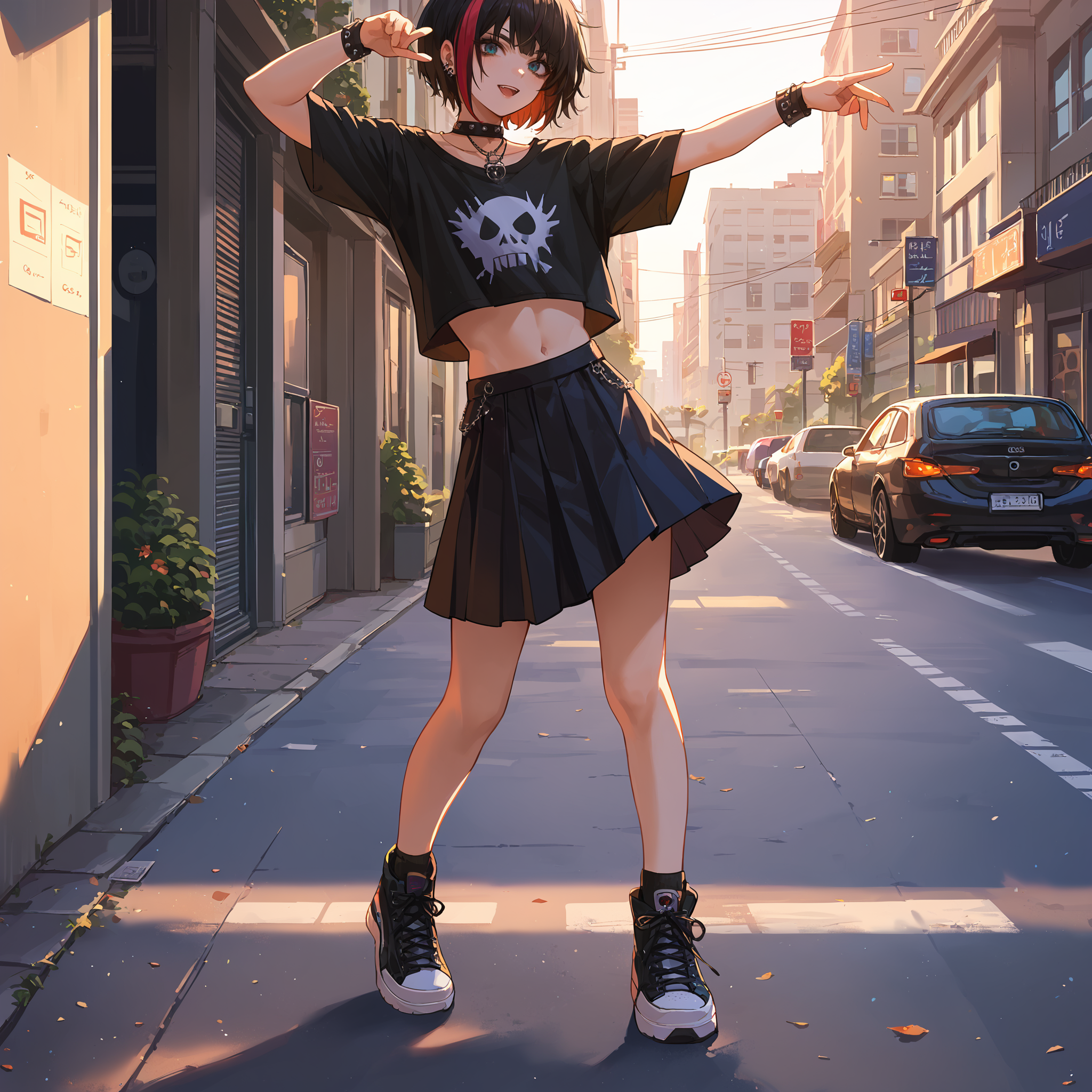 score_9, score_8_up, score_7_up,source_anime, 1girl, black hair, streaked hair, midriff, (emo fashion:1.3), skirt, street background, sunlight, victory pose, full body,
