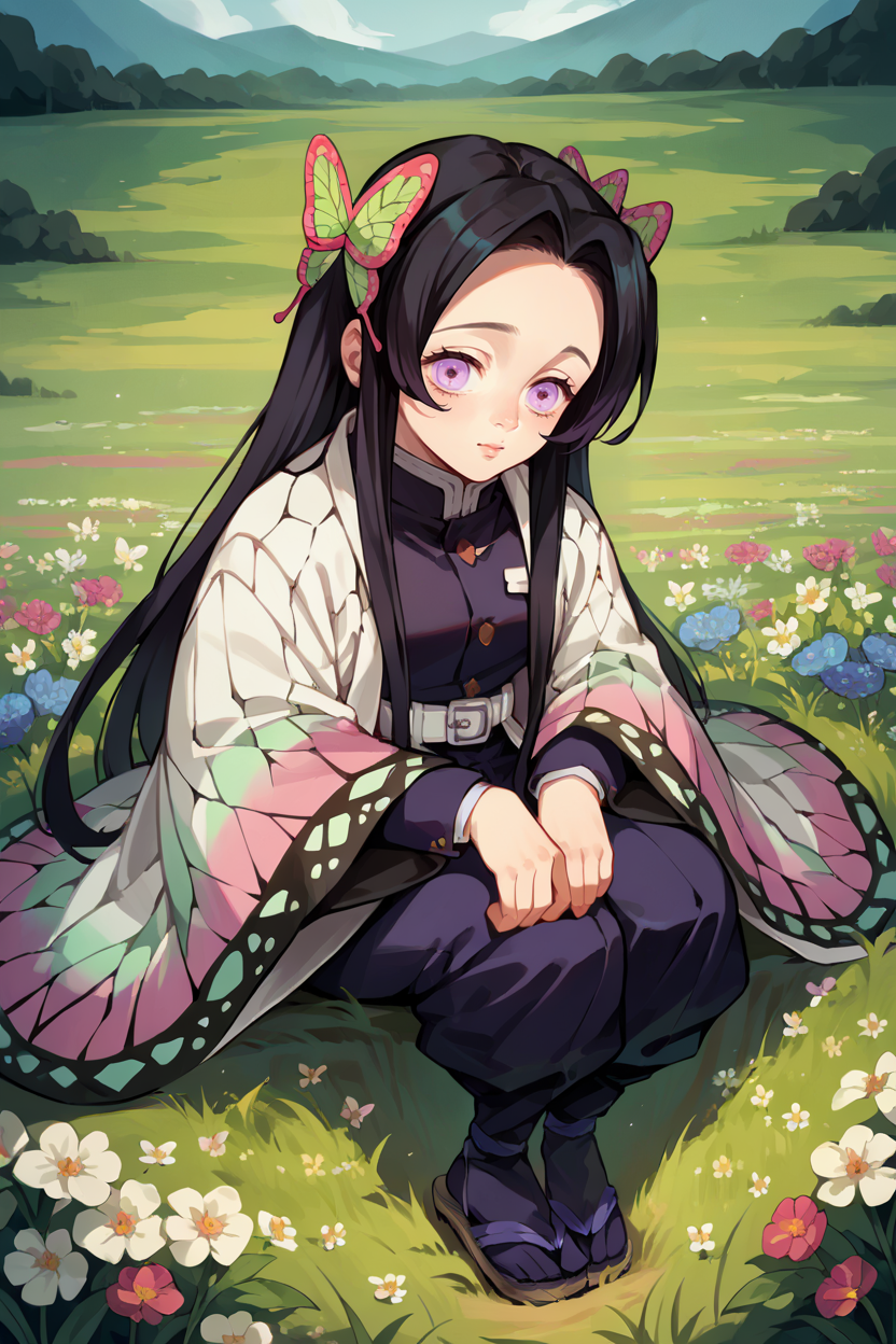 score_9, score_8_up, score_7_up, score_6_up, source_anime, 1girl, solo, <lora:dskanae-pdxl-nvwls-v1-000005:1> dsKanae, black hair, long hair, butterfly hair ornament, black shirt, white coat, wide sleeves, white belt, black pants, sandals, sitting, holding own knees, field, flowers, looking at you