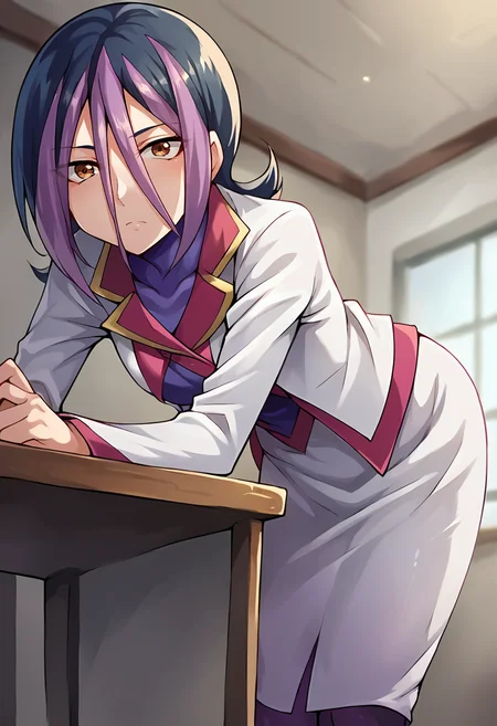score_9, score_8_up, score_7_up, masterpiece, source_anime, 1girl, solo, ct_droite, brown eyes, short hair, hair between eyes, white blazer, purple bodysuit under clothes, long sleeves, white pencil skirt, purple pantyhose, from below, leaning forward, looking at viewer, indoors, depth of field, <lora:Droite_Pony_ct_ver3-000011:1>