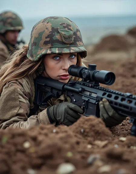 A female Marine sniper lies prone behind a sandbag bunker, her M40 rifle trained on an enemy position across no man's land. The camera is positioned from a high angle, capturing the intricate details of her uniform and equipment as well as the desolate landscape surrounding her. A subtle gradient effect enhances the contrast between light and dark, drawing attention to the subject's sharp features.