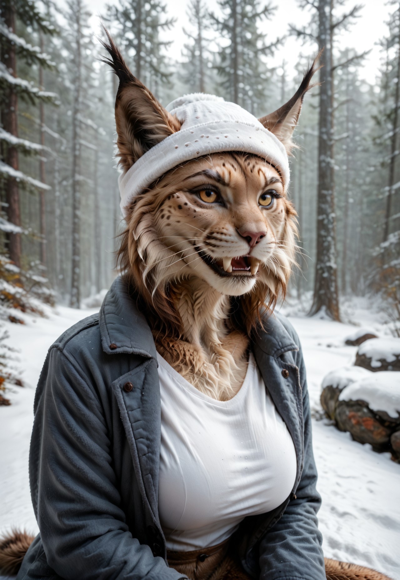 embedding:urn:air:sd1:embedding:civitai:222256@250708, score_9, score_8_up, score_7_up, BREAK
1girl, solo, no humans, furry, skinny, thin, mature, lynx woman, long fur, huge breasts, claws, fangs, tail, teeth, winter jacket, white shirt, winter hat, lynx ears, sitting, winter cabin, outdoors, snowy forest, realistic lighting, beautiful, upper body, cowboy shot, no humans