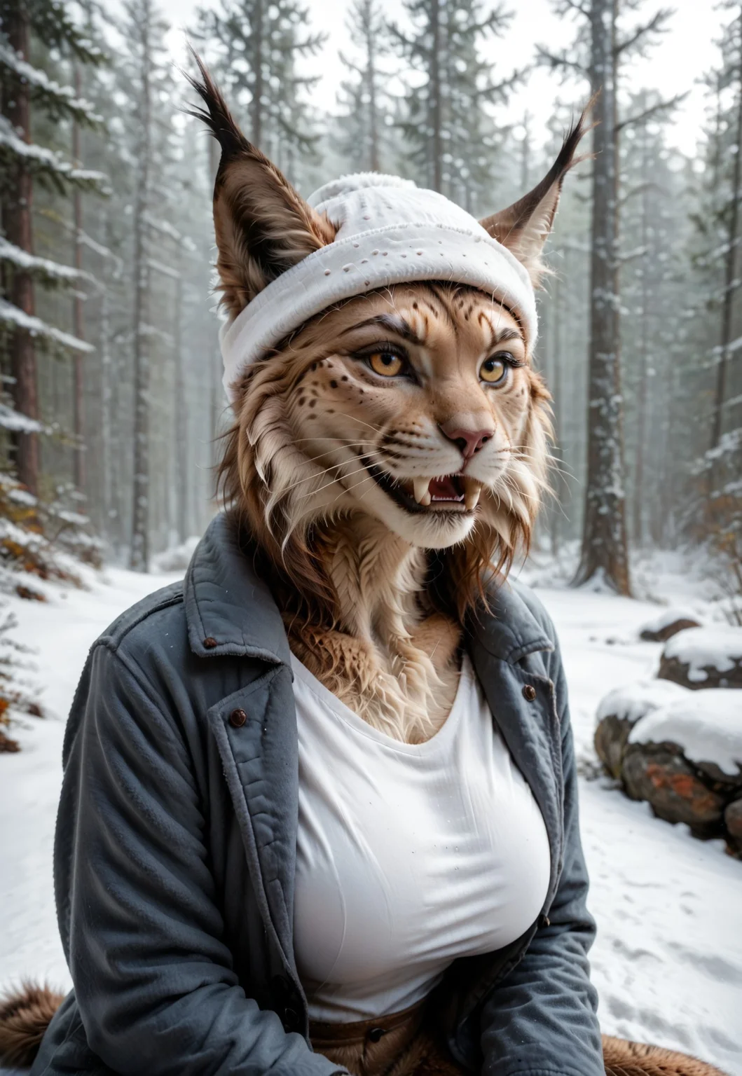 embedding:urn:air:sd1:embedding:civitai:222256@250708, score_9, score_8_up, score_7_up, BREAK
1girl, solo, no humans, furry, skinny, thin, mature, lynx woman, long fur, huge breasts, claws, fangs, tail, teeth, winter jacket, white shirt, winter hat, lynx ears, sitting, winter cabin, outdoors, snowy forest, realistic lighting, beautiful, upper body, cowboy shot, no humans