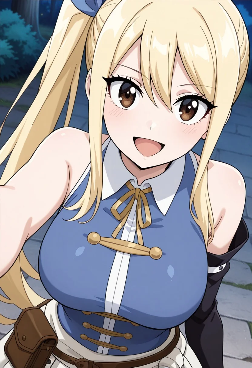 masterpiece, best quality, newest, anime screencap, 1girl, <lora:LucyHeartfiliaAvatartwo_Illu_Dwnsty:1>, lcyhrtavtrctwo, brown eyes, blonde hair, side ponytail, sidelocks, long hair, blue ribbon, hair ribbon, blue shirt, sleeveless shirt, collared shirt, yellow neck ribbon, scrunchie, single detached sleeve, black sleeve, white skirt, brown belt, belt pouch, white sash, perfect eyes, breast, shiny skin, expressive, smile, open mouth, looking at viewer, erotic pose, from above, forest, night, perfect anatomy