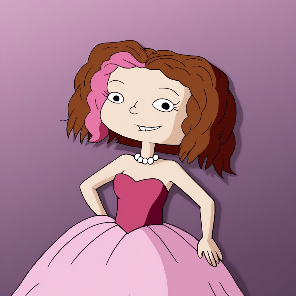 1girl, solo, short hair, brown hair, two-tone hair, pink hair, black eyes, Very long large straight tulle pink princess ball gown hoop skirt, ball gown hoop skirt, pink princess dress, white pearl necklace, hoopdress, my big princess gypsy wedding dress, ballgown, a girl in a dress posing like a princess for a picture, wearing a sleeveless ballgown, looking at viewer