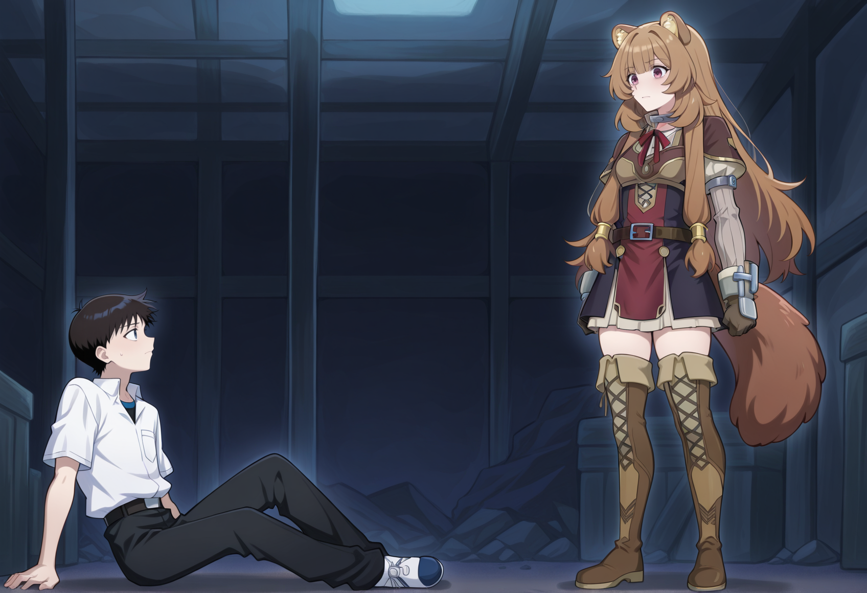 1boy. ikari shinji, sitting, on floor, 1girl, standing, raphtalia, serious, are_you_my_master <lora:are_you_my_master:1>, masterpiece, best quality, amazing quality, very aesthetic, absurdres, highres, newest