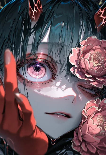 masterpiece, best quality, good quality, newest, highres, absurdres, uncensored,
BREAK
detail background, very awa, absolutely eye-catching, (beautiful face),
BREAK
amazing quality, best quality, ultra-detailed, 8K, illustration, CG, ultra-detailed-eyes, cute girl, eyelashes
BREAK
(sexy, slutty, hot, aroused) (only girl, solo foucus)
Aka-Oni, oni, colored skin, red skin, smooth horns, black horns,
BREAK
parted lips, seductive expression, wet hair, wet, from above, blurry foreground,
BREAK
perfect composition, solo, 1girl, extreme eye close up, eye focus, eye reflection, wide eyed, eyelashes, blank stare, (looking at viewer), eye focus, light smile
BREAK
professional lighting, , Photorealistic, source_real, 8k, night, blurry background, sharp focus, (extreme close:2.0)
(by yoneyama mai, rolua, roitz \( roitz \):1.25), colored lines, (ONE EYE FOCUS)floral background, peony \(flower\), petals, hands up