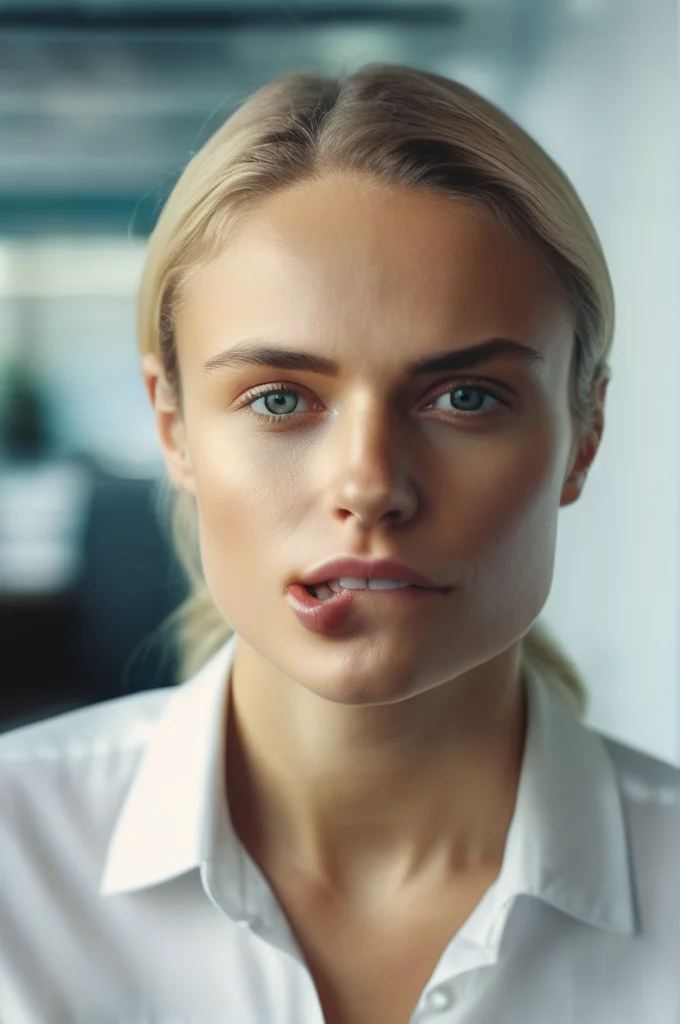 portrait photo of an 20 years old european blonde haired woman sitting in office, \(biting her lips\) , 8k, uhd, realistic, detailed skin, insane detailed, Illumination daylight, <lora:makeup_050_cosine_iter2_ 0012_sdxl_10epoches_adafactor-step00006200:1.2>,