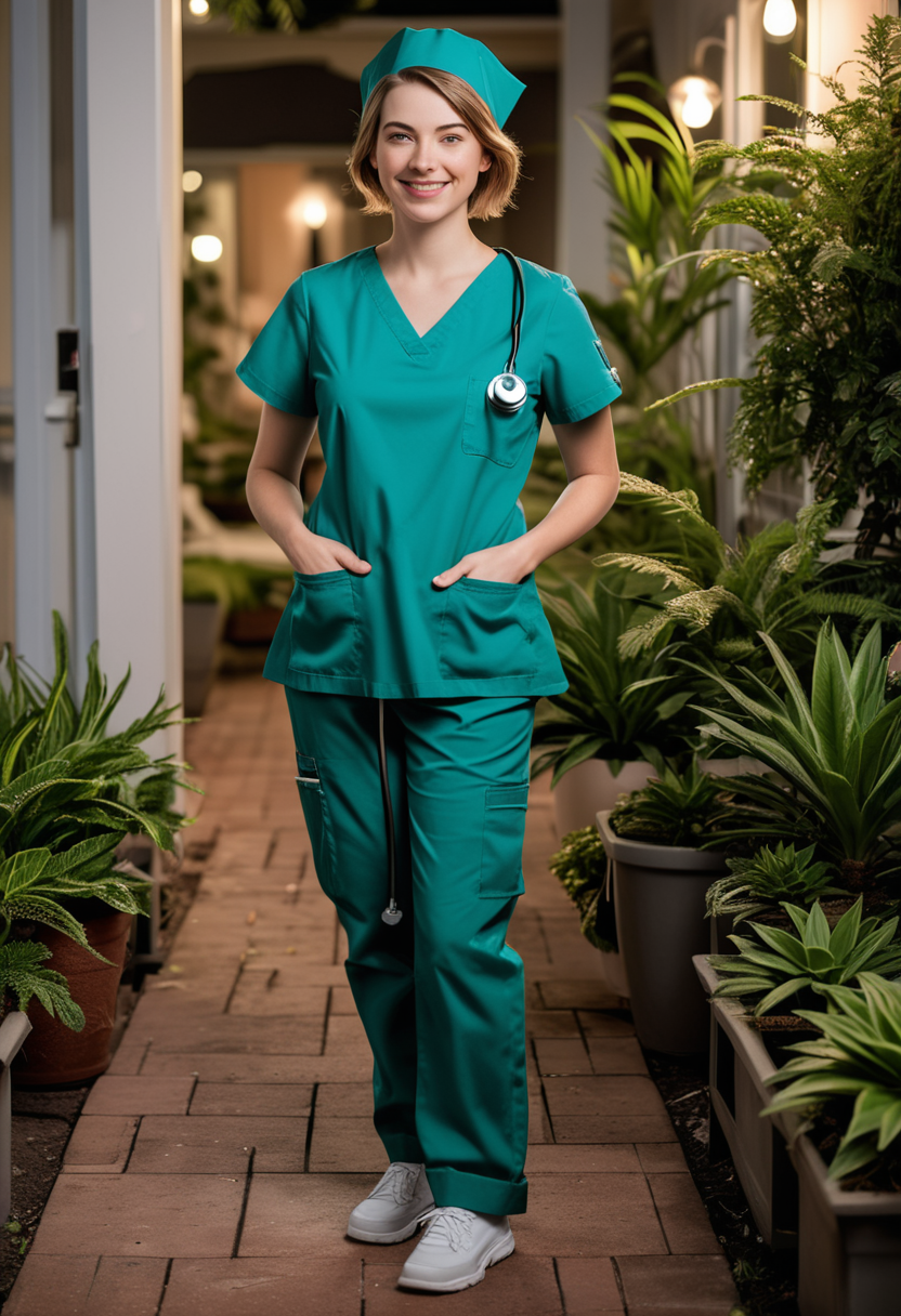 (medium full shot) of (gorgeous nurse) young woman, tiny build, short hazel hair, australian, pale skin, green eyes, wearing a nurse cap, short sleeve scrub top, cargo scrub pants, slip-resistant shoes, carrying a pulse oximeter, set in  Peaceful outdoor patio with sturdy rocking chairs, potted plants, gentle breeze, distant hum of bird songs , at night, woman smiling, detailed face, ,Masterpiece,best quality, raw photo, realistic, very aesthetic