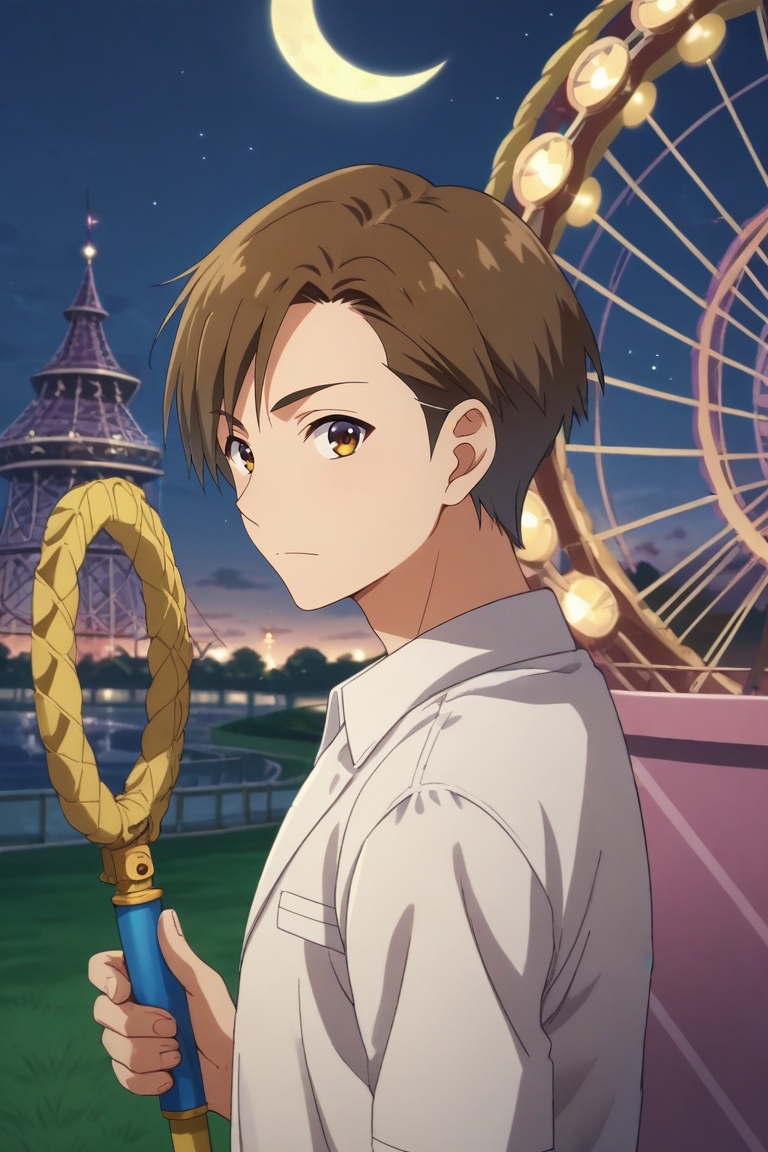 score_9, score_8_up, score_7_up, source_anime, rating_safe, intricate details, semi-realistic, looking at viewer, , 1boy, solo, male focus, <lora:kanji_ike_pony:0.8>, kanji_ike, brown hair, brown eyes, short hair, from side, amusement park, carousel, ferris wheel, night, crescent moon, holding weapon, distracted, aloof, oblivious, , <lora:sdxl_lightning_8step_lora:1>