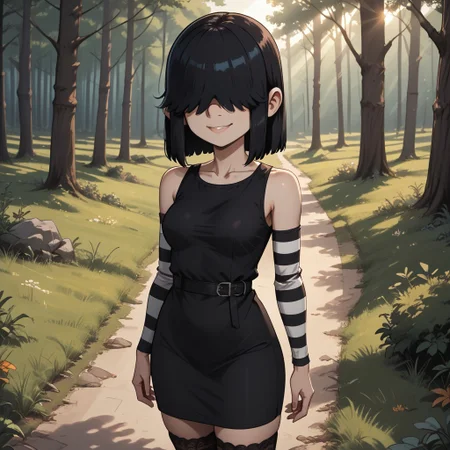 score_9, score_8, BREAK, solo, Lucy Loud, black hair, goth girl, hair over eyes, pale skin, long striped arm sleeves and stockings, black dress worn over a striped shirt, and black shoes, adult female, mature female, breasts, sexy pose, self portrait, smile, outdoors, sunlight, shadows, evening lighting, natural lighting, forest, trees, grass, orange sky, sunset