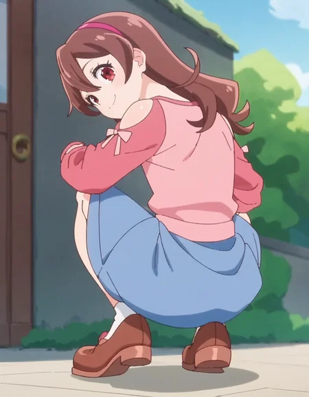 score_9, score_8_up, score_7_up, anime screencap, solo,1girl, sakurauta, smile, blue skirt, hairband, looking at viewer,long sleeves, squatting, shoulder cutout, pink shirt,cowboy shot,from behind,<lora:sakurauta_pony:0.8>