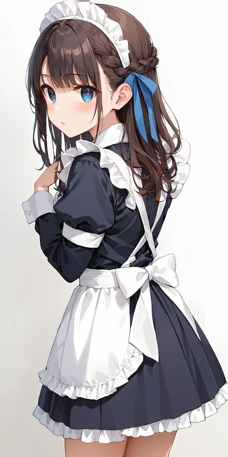 score_9, score_8_up, score_7_up,(source_anime:1.2), high res image,masterpiece,best quality,girl,cute face,clear skin,shiny hair,ultra detailed eyes,simple background, <lora:half up braid_pony_V1.0:0.8> half up braid,ribbon,from behind , long hair <lora:maid_Pony_V1.0:0.6> jyojifuku,maid, frills