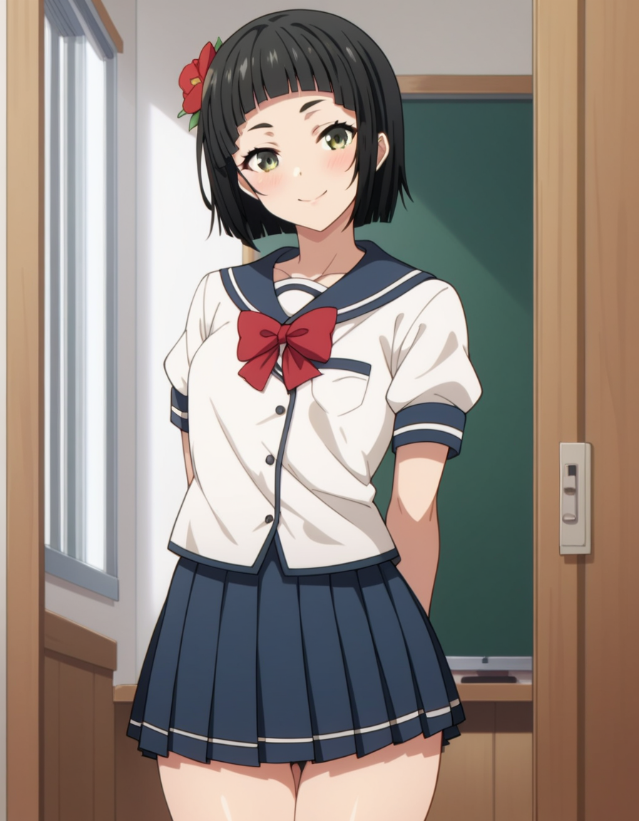 score_9, score_8_up, score_7_up, source_anime, uncensored, <lora:StS_detail_slider_v1:3>, zPDXLxxx, <lora:Chiharu_Youki_PONYXL_VexVexX:1>, ChiharuYouki, 1girl, (brown eyes:1.2), green eyes, black hair, short hair, blunt bangs, hair ornament, hair flower, small breasts, school uniform, serafuku, pleated skirt, red bow, cowboy shot, indoors, from front, standing, hands behind back, looking at view, thighs, smile,
