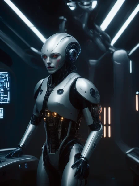 bbuk_style <lora:PureDarkness_RetroSciFi-000060:0.9> a synthetic android person posing for a picture in a engine room, cinematic shot