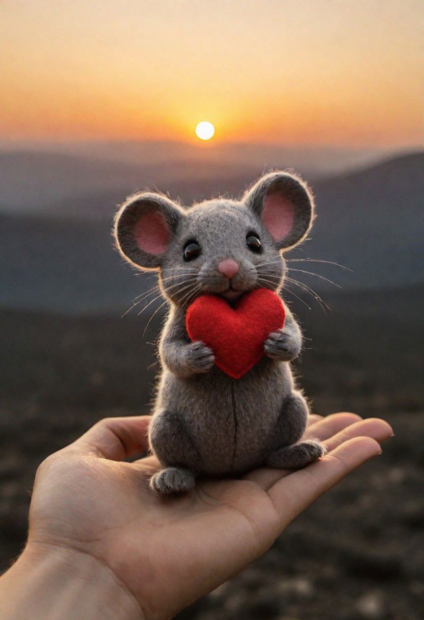 a small, simple, cuddly felt mouse holding a felt heart in its tiny hands, gazing directly into the camera with a joyful smile. The scene is so sweet that it melts even the toughest hearts. Describe the loving atmosphere created by the combination of felt, smiles, and hearts diring a beautiful sunrise