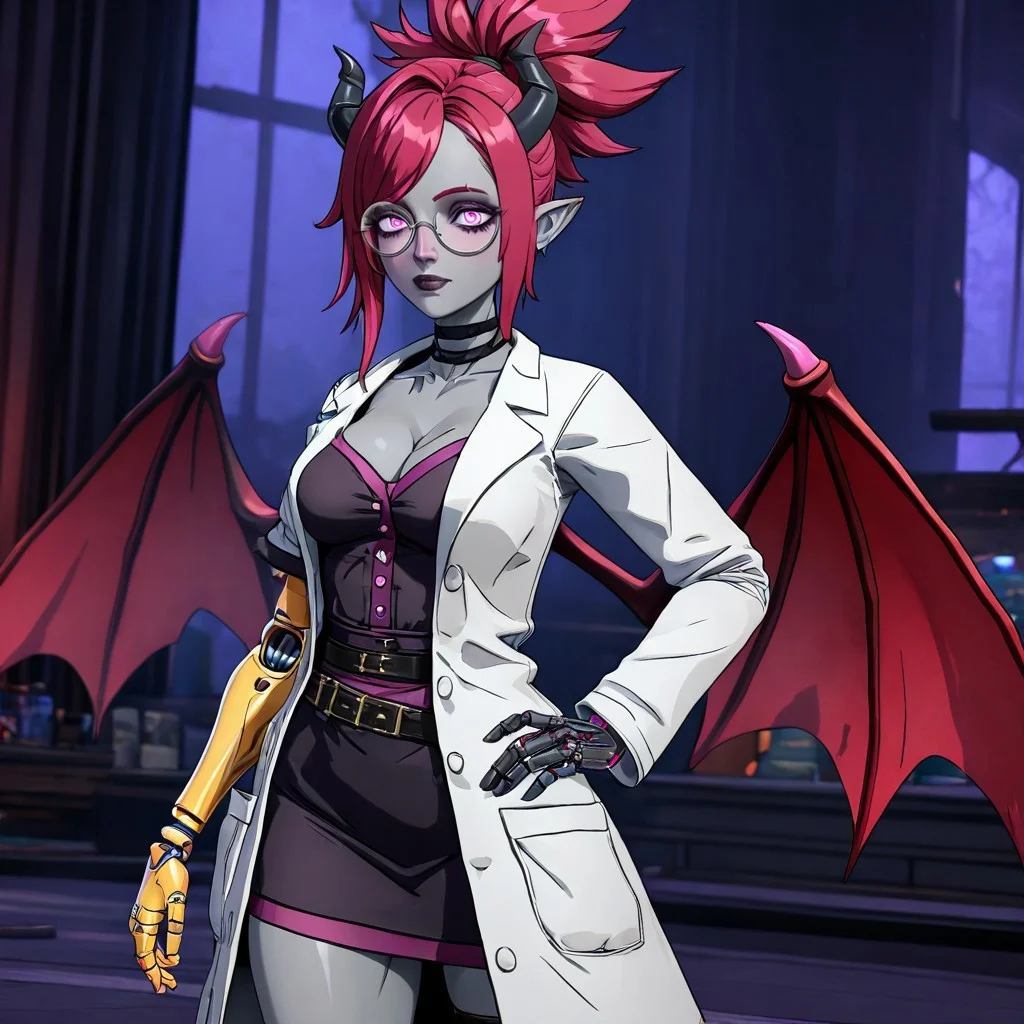 masterpiece, best quality, newest, absurdres, highres, CSGV1.0, anime coloring, 3d, 1girl, succubus, grey skin, goth, goth girl, goth makeup, grey colored skin, red hair, demon girl, horns, wings, bat wings, demon wings, red wings, lab coat, coat, single mechanical arm, glasses, round glasses, ponytail, high taied ponytail, side bangs, Oneprostethicarm, pink eyes, amputee, prosthesis, prosthetic arm, medium breasts, pointy ears, hand on hip