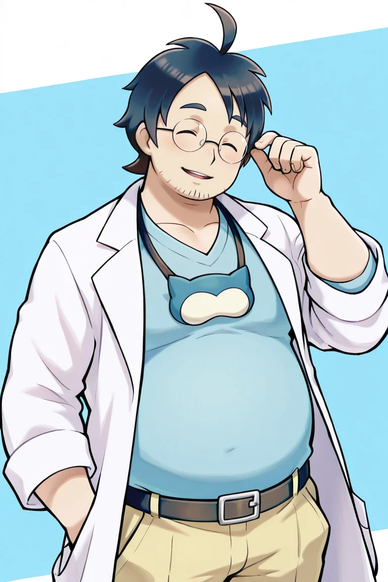 perfect anatomy, perfect proportions, best quality, masterpiece, high_resolution, high quality, best aesthetic, incredibly absurdres, highres, extremely detailed, huge filesize, solo male, adult, mature, masculine, manly, handsome, charming, alluring, upper body, dutch angle, cowboy shot, perfect face,  source_game \(Pokemon\), official style \(Pokemon\), Professor Neroli\(Pokemon\), PKMNeroli, black hair, ahoge, closed eyes, round glasses, facial hair, stubble, chubby PKMNeroli_outfit, snorlax eye mask, eye mask on neck, eye mask around neck, light blue shirt, scrubs shirt, white labcoat, long labcoat, khaki pants, shoes
