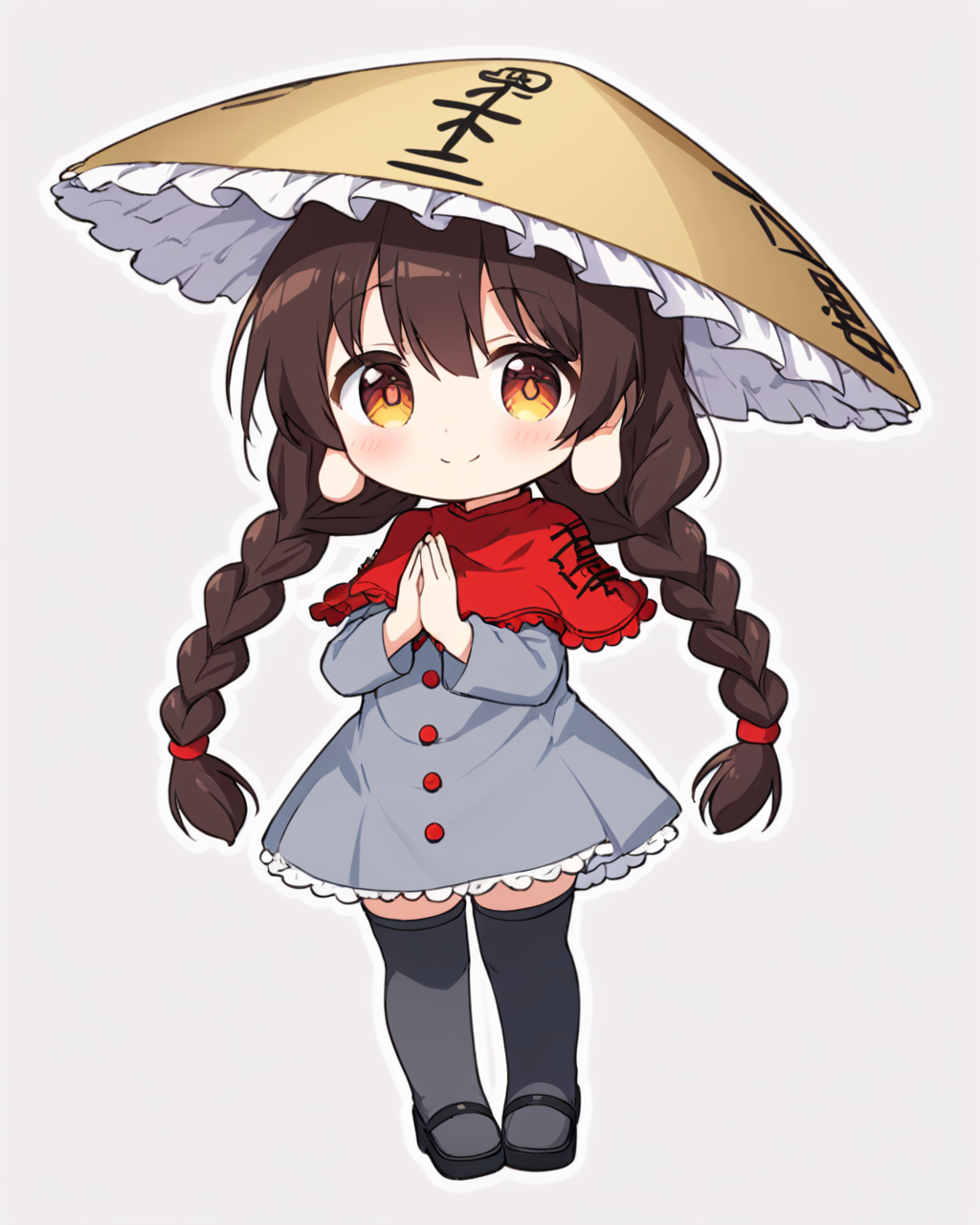 yatadera narumi,1girl, solo, ajirogasa, twin_braids, grey_dress, red_capelet, white_background, long_earlobes, simple_background, long_sleeves, smile, buttons, full_body, chibi, thighhighs, own_hands_together, blush, closed_mouth, clothes_writing, :>, palms_together, looking_at_viewer, brown_headwear, standing, black_footwear, sandals, red_socks
<lora:yatadera_narumi_image528_2023-12-20:1>,star-shaped_pupils,symbol-shaped_pupils,. gorgeous,key visual, vibrant, studio anime,award-winning, professional, highly detailed,high budget, cinemascope
