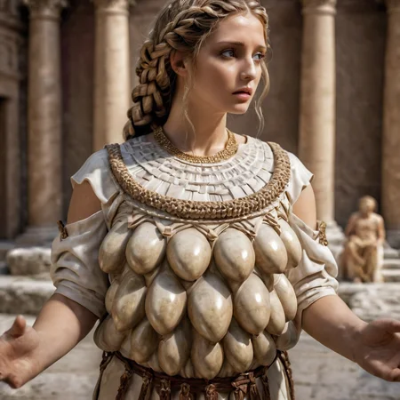 Beautiful woman, braided hair, sanity, fertility blouse,resembling arthemis of Ephsesus statue inside a roman temple, ,masterpiece, 8k, award winning, high quality, best quality, cinematic, extremely detailed, intense lighting, epic, extremely detailed <lora:Artemis_Ephesus:0.8>realistic photo, masterpiece, movie scene, white fertility blouse, beautiful eyes