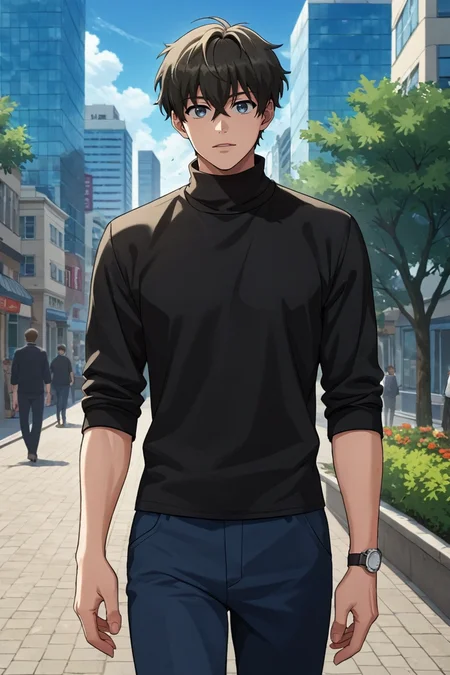 score_9, score_8_up, score_7_up, source_anime, rating_safe, , (realistic:0.6), , depth of field, 1boy, solo, male focus , , , <lora:hajin:0.79>,kim hajin, black hair,grey eyes, short hair,hair between eyes, shirt,black shirt,turtleneck,long sleeves,open mouth, pants,blue pants, ^ ^, watch, wristwatch,looking at you,outdoors,city,day , , , <lora:sdxl_lightning_8step_lora_315544:1>