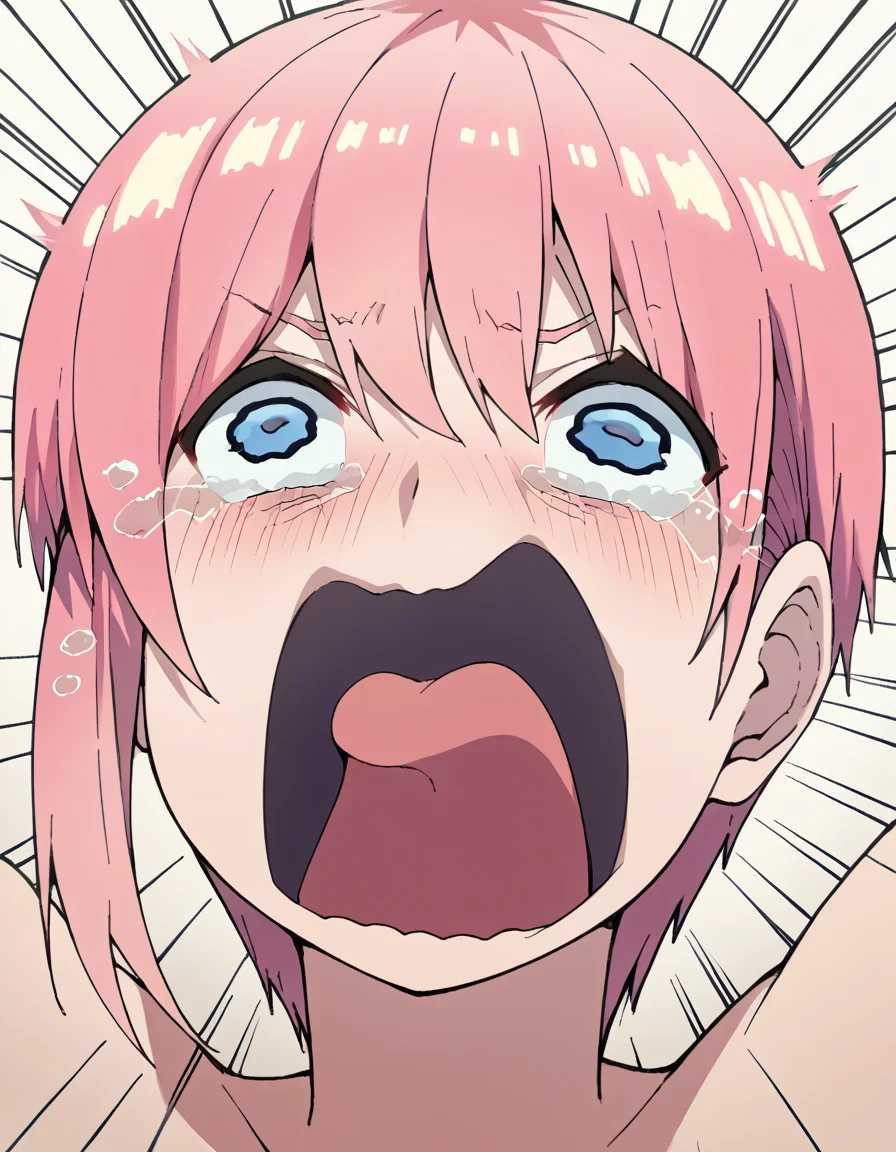 score_9, score_8_up, score_7_up, source_anime, <lora:ichika-nakano-s2-ponyxl-lora-nochekaiser:1>, ichika nakano, short hair, bangs, blue eyes, hair between eyes, pink hair, pixie cut, mature female, large breasts, <lora:crying-aqua-ponyxl-lora-nochekaiser:1> crying aqua, crying aqua (meme), screaming, crying, crying with eyes open, tears, tongue, open mouth,, ,