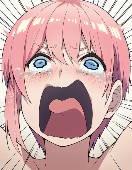 score_9, score_8_up, score_7_up, source_anime, <lora:ichika-nakano-s2-ponyxl-lora-nochekaiser:1>, ichika nakano, short hair, bangs, blue eyes, hair between eyes, pink hair, pixie cut, mature female, large breasts, <lora:crying-aqua-ponyxl-lora-nochekaiser:1> crying aqua, crying aqua (meme), screaming, crying, crying with eyes open, tears, tongue, open mouth,, ,