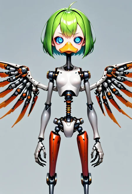 mechanical_Duck 0ddb0t, mechanical_parts, shiney red wings, green head, electric eyes