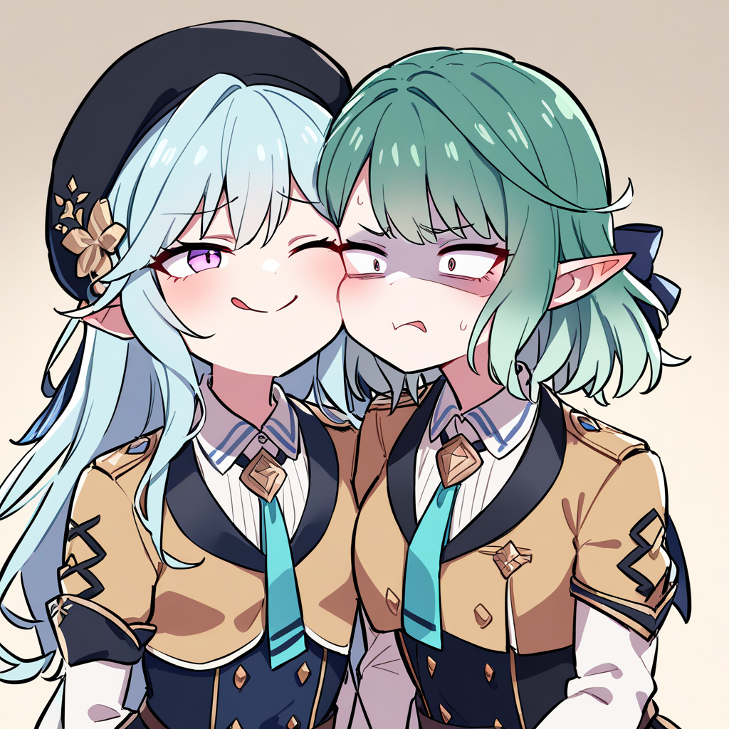 2girls,masterpiece,best quality,((cheek_to_cheek)),multiple girls,heads together,
AND  2girls,cheek_to_cheek,heads together,,upper body,smug,amaryllis,blue hair,
AND  2girls,cheek_to_cheek,heads together,upper body,long hair,,castelle,short hair,green hair,disgust,shaded_face,<lora:amaryllis:0.8>,<lora:castelle:0.7>, masterpiece, best quality, very aesthetic, absurdres