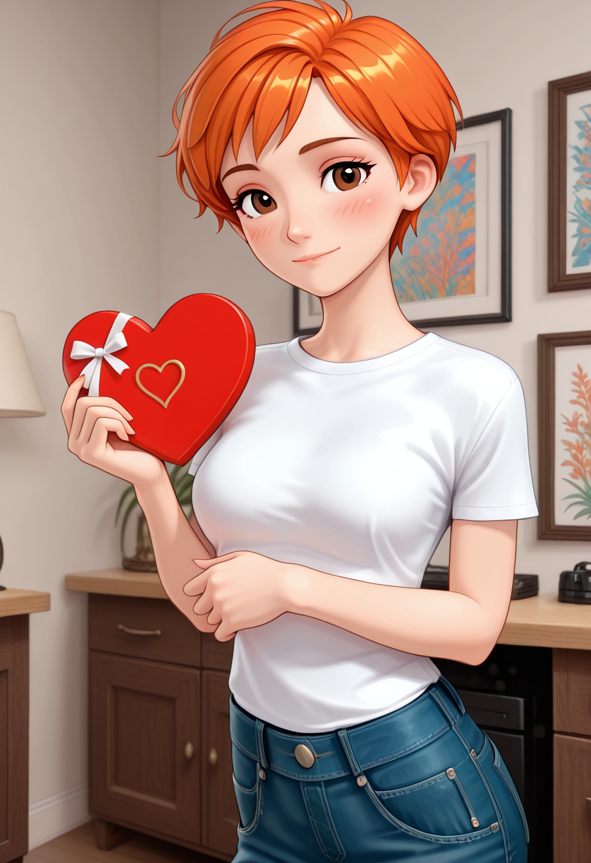 Graphic Design, color art, vibrant colors, colorful, intricate details, high contrast, detailed background, beautiful detailed, beautiful face, detailed eyes, detailed face, new, 1girl, solo, l3r4, short hair, orange hair, brown eyes, white shirt, t-shirt, medium breasts, jeans, room, looking at viewer, dynamic pose, perspective, light smile, holding heart shaped chocolate box, blush, (masterpiece, best quality, newest, recent, absurdres),