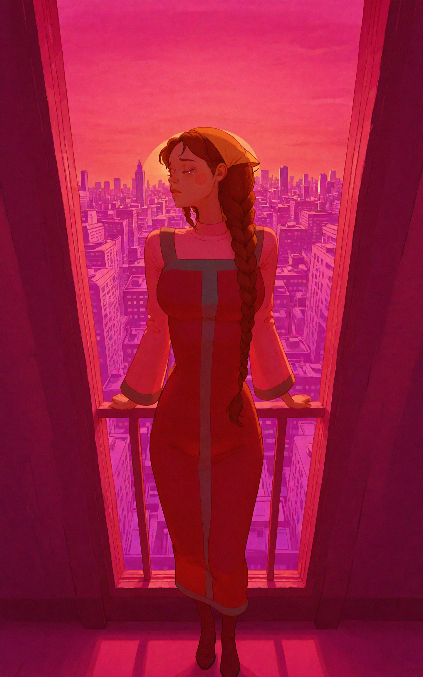 cityscape shot with  mature female,
<lora:spletni:1> spletniza, 1girl, braid, dress, solo, red dress, long hair, brown hair, outdoors, boots, single braid, blush stickers, upper body,  looking at viewer, closed eyes,  from above ,inside, a pink sunset, rays of the sun, sad, looking away, tears in her eyes, standing near the window,
<lora:NOOB_vp1_detailer_by_volnovik_v1:1> <lora:nhl-001:0.7> nhl-001, limited palette, realistic, . Urban, skyline, architectural, dynamic