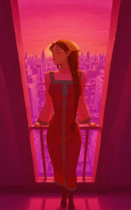 cityscape shot with mature female,
<lora:spletni:1> spletniza, 1girl, braid, dress, solo, red dress, long hair, brown hair, outdoors, boots, single braid, blush stickers, upper body, looking at viewer, closed eyes, from above ,inside, a pink sunset, rays of the sun, sad, looking away, tears in her eyes, standing near the window,
<lora:NOOB_vp1_detailer_by_volnovik_v1:1> <lora:nhl-001:0.7> nhl-001, limited palette, realistic, . Urban, skyline, architectural, dynamic