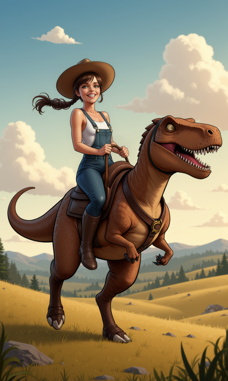 schmedefus3 art of early 20's female riding a vicious velociraptor wearing a white tank top and overalls, wearing a cowboy hat and holding it firmly on her head, hair blowing in the wind, laughing with joy, holding reigns, on a beautiful field with rolling grassy hills at dusk, light brown ponytail with long bangs, pretty face with freckles and green eyes, velociraptor wearing a saddle with it's claws outstreched, baring its fangs at viewer, long tail an vicious claws<lora:schmedefus3_flux.safetensors:1.0:1.0>