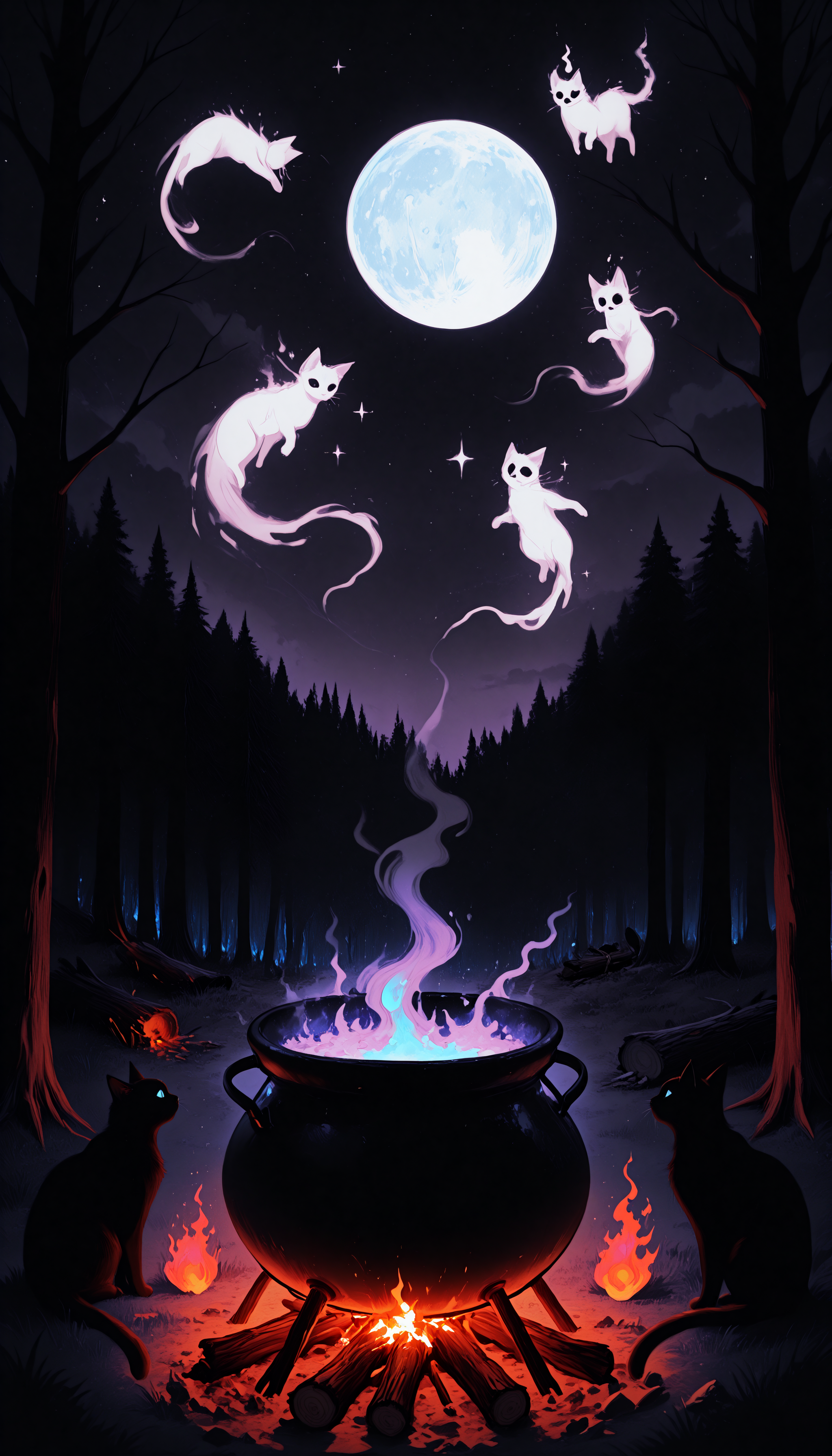 masterpiece, best quality, good quality, newest, highres, absurdres, outdoors, sky, cloud, tree, sparkle, no humans, night, animal, moon, cat, grass, fire, star \(sky\), night sky, nature, full moon, smoke, starry sky, forest, ghost, hitodama, animal focus, black cat, cooking, bare tree, white cat, cooking pot, spirit, log, campfire, cauldron, limited palette, sketch, glowing, psychedelic, <lora:illustriousXL_stabilizer_v1.23:0.3> <lora:NOOB_vp1_detailer_by_volnovik_v1:0.3> <lora:ponyv6_noobE11_2_adamW-000017:0.3> <lora:114558v4df2fsdf5:0.7> <lora:mon_monmon2133:0.6>