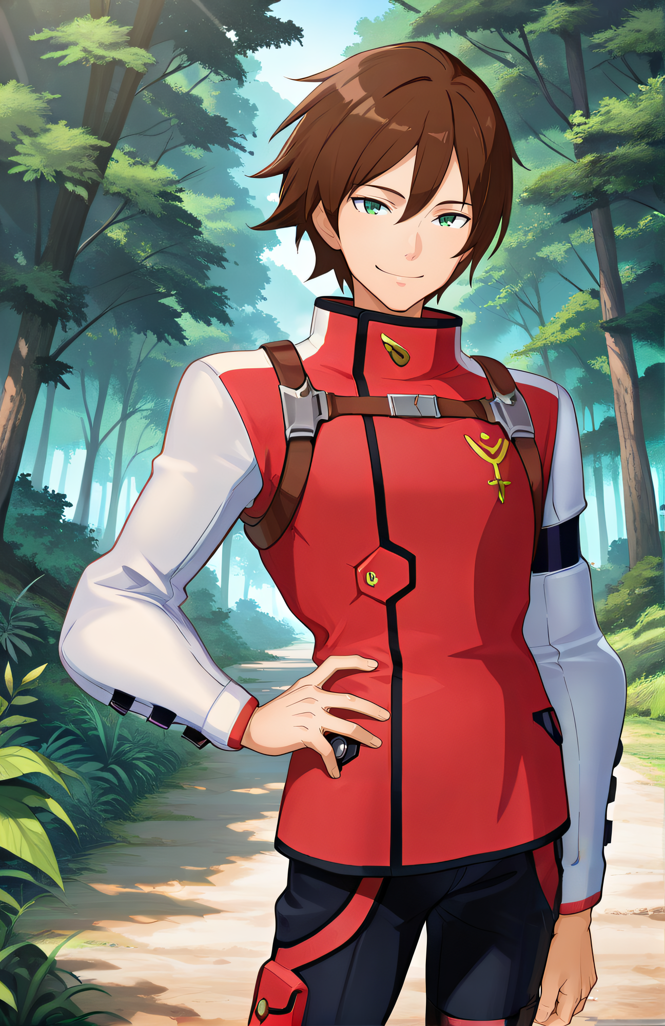 masterpiece, best quality, highres, newest, official artstyle, extremely detailed CG, 1boy, solo, <lora:LArc_Bright_Lagoon:1>, LArc, brown hair, green eyes, red uniform, white sleeves, pants, looking at viewer, cowboy shot, outdoor, scenery, nature, hand on hip, smile, frontal view, centered image, five fingers