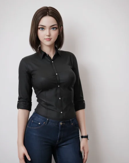 Beautiful, masterpiece, high quality, realistic, photorealistic, high resolution, 35mm, fujifilm 400H pro, crisp, a woman standing in front of a white wall, black shirt, (looking at the camera), <lora:samsungsam-3d-sdxl-v1:0.8>