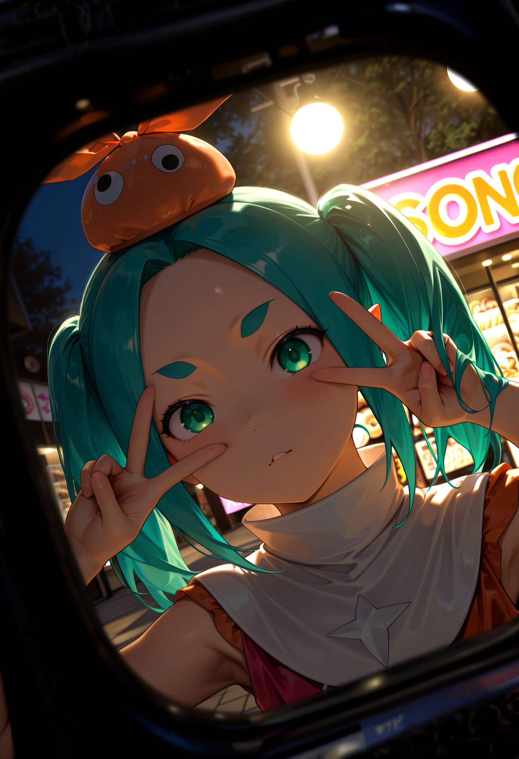 ononoki yotsugi, double v sign, v over eye, outdoors, doughnut shop, close-up, BREAK masterpiece, best quality, very aesthetic, absurdres, newest, photo-referenced, detailed lighting, detailed shading, detailed background, detailed foreground, detailed clothing, detailed eyes, dutch angle, perspective, dark, volumetric lighting, photorealistic,
