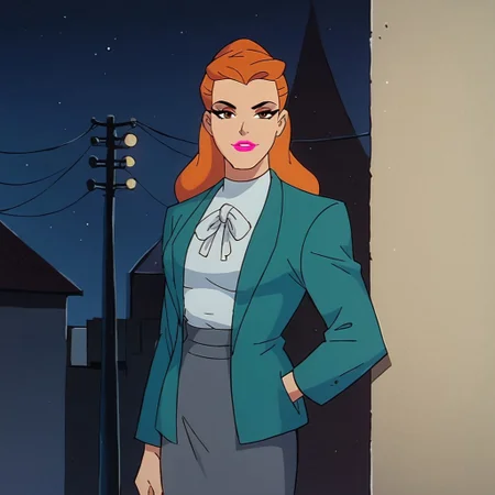 score_9, score_8_up, score_7_up, solo, 1girl, lipstick, pink lips, makeup, long hair, orange hair, brown eyes, aqua jacket, white shirt, ribbon pencil skirt, grey skirt, looking at viewer, Summer Gleeson, middle of the city, night, standing, seductive, flirting