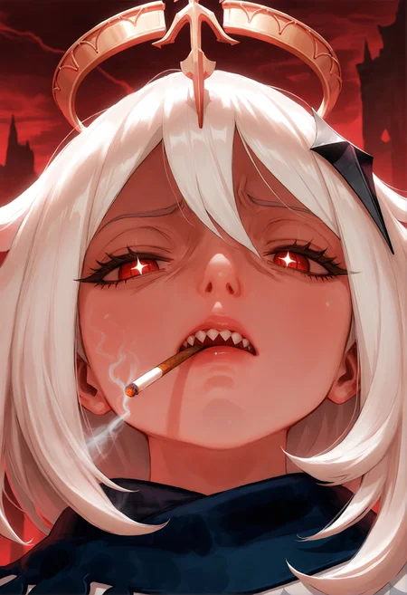 realistic textured painterly,
nose, lips,
looking at viewer, looking down, (disgust, disappointed, disdain:1.2), paimon \(genshin impact\), solo, 1girl, close-up, perspective, :|, mouth hold cigarette, smoking, smoke, (sharp teeth:1.2), half-closed eyes, + +, wide oval eyes, long eyelashes, thick eyelashes, black eyeliner, detailed background, outdoors, (red night:1.2), (dark red theme:1.2), (smoke trail:1.2), raised eyebrow,
blurry background, depth of field,
very awa, best quality, highres, masterpiece,
<lora:nhl-002-nai:1.0>, nhl-002,