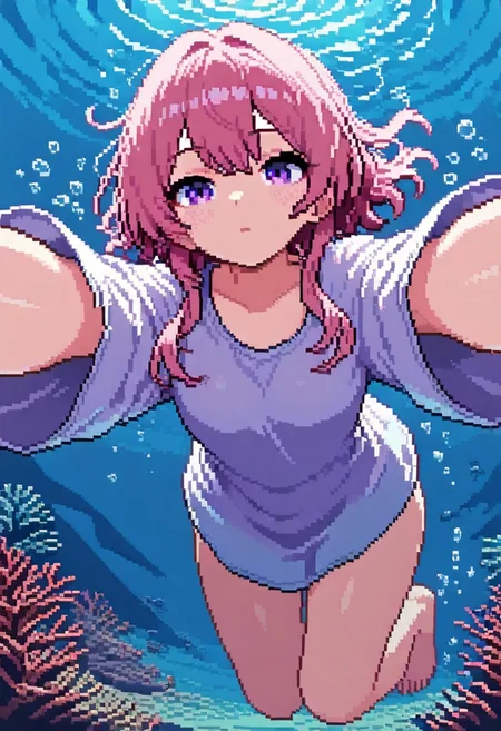 pixeldream, 1girl, swimming, underwater, view from below, loose clothing, pink hair, purple eyes,