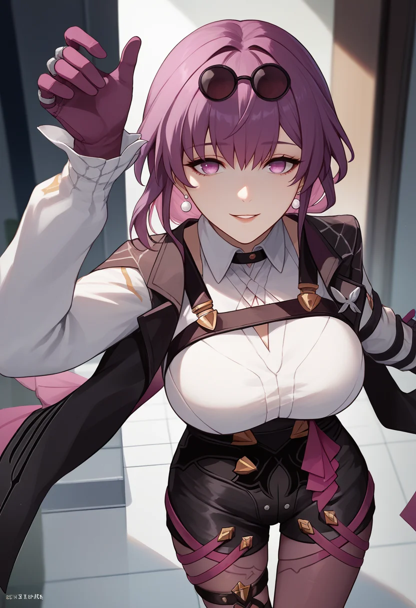 score_9, score_8_up, score_7_up, source_anime BREAK 1girl, solo, <lora:kafka-hsr-richy-v1_pdxl:1> kfka, purple eyes, purple hair, bangs, sidelocks, eyewear on head, earrings, white shirt, collared shirt, long sleeves, black jacket, jacket on shoudlers, harness, large breasts, purple gloves, black shorts, high-waist shorts, purple thigh straps, pantyhose, single thigh boot, parted lips, smile, looking at viewer