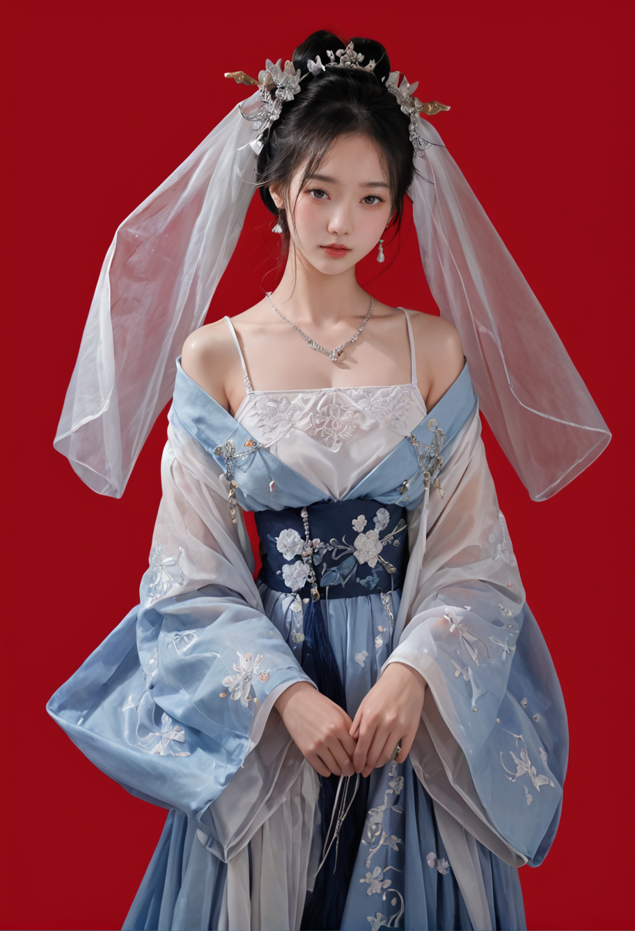 red background,1girl,solo,,ruanyi0759,blue dress,hanfu,jewelry,veil,off shoulder,wide sleeves,<lora:0759 Yingluo blue Hanfu_v1_pony:1>, score_9,score_8_up,score_7_up,,8k,1girl,solo,