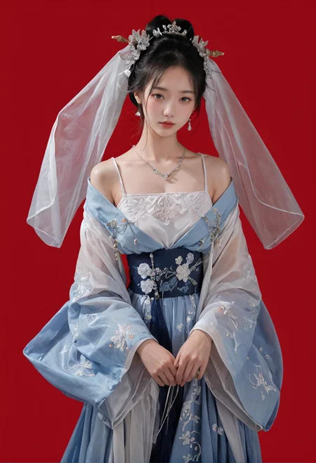red background,1girl,solo,,ruanyi0759,blue dress,hanfu,jewelry,veil,off shoulder,wide sleeves,<lora:0759 Yingluo blue Hanfu_v1_pony:1>, score_9,score_8_up,score_7_up,,8k,1girl,solo,