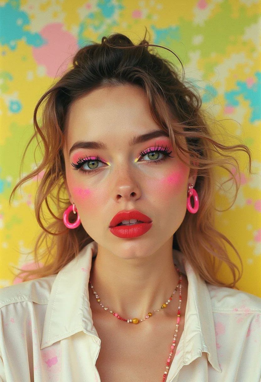 Candlelight style vintage camera, surreal portrait, neon colors, vintage style, digital painting strokes, pastel yellow background, pink and green swirls in the sky, blue details, pink highlights on her face, white shirt, pink earrings, pink necklace, black eye makeup, red eyeliner, big lips, green eyes, in the style of digital photography, digital noise, glitch