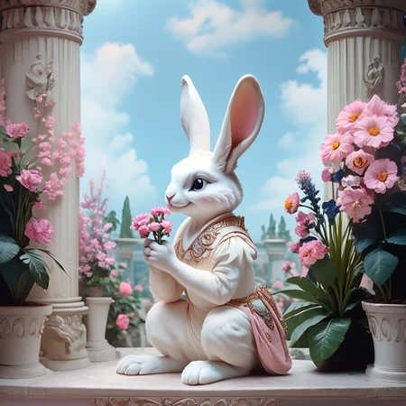 Score_9, score_8_up, score_7_up, score_6_up,  <lora:1890s_Rococo_OperaPony:1> ArsMovieStill, movie still from a pastel-colored 1890s Rococo fantasy opera movie, The image shows a white rabbit sitting atop a table surrounded by flowers plants and pillars. The rabbit has a human face and is holding a flower in its paws., flower, rabbit, pink flower, holding, sitting, pillar, sky, smile, blue eyes, animal