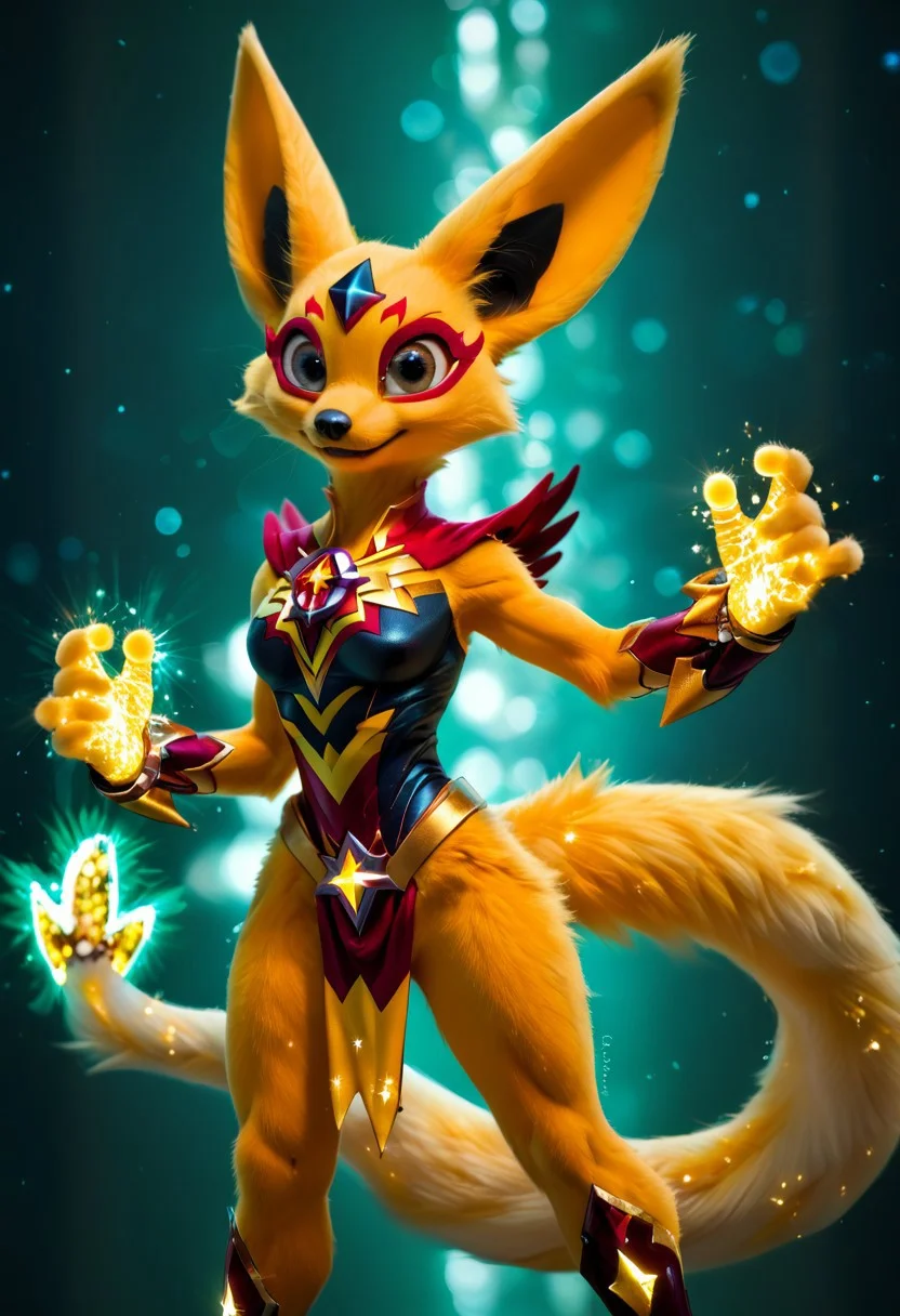 an anthropomorphic fur fury korrigan yellow monster with huge smile, big eyes, huge  ears, huge long fur tail, (yellow fur:1.2), (magics. Magical power:1.7). (novuschroma60 style bokeh), fit