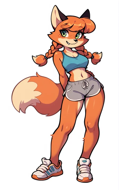 best quality, absurdres,full body, <lora:BolivanteStyleITS:0.8>,  <lora:PMSITS:0.8>, PMSITS, animal ears, breasts,furry, furry female, fox tail, freckles, tail, fox ears, bangs, twin braids, orange hair, green eyes, body fur, braid, fox girl, orange fur, hair tie, animal nose, twintails, two-tone fur,fox girl, fangs, sneakers, grey shorts, blue crop top, midriff, white background, slim, standing