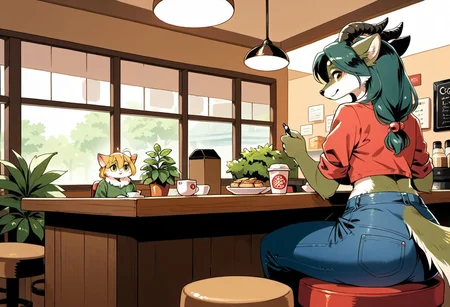 score_9, score_8_up, score_7_up, score_6_up,
mogal, furry, monster girl,
detailed background, cafe,
shop, causal clothes, jeans and shirt,
cup of coffee, cozy, sitting at a table,
backliot, edgelit, dynamic lighting,
low point of view, fluffy,
dragon, cat, insect, wolf,
barista, 3 customers,