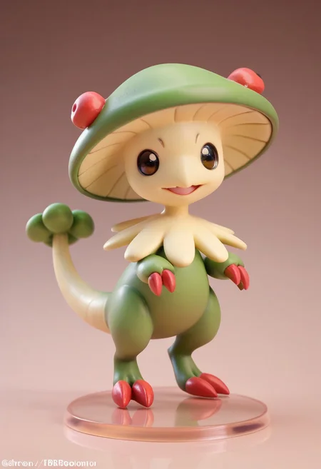 score_9, score_8_up, score_7_up, score_6_up,anime, 1girl, solo, Breloom, Pokemon (creature), green body, mushroom head, two claws, tail. Chibi