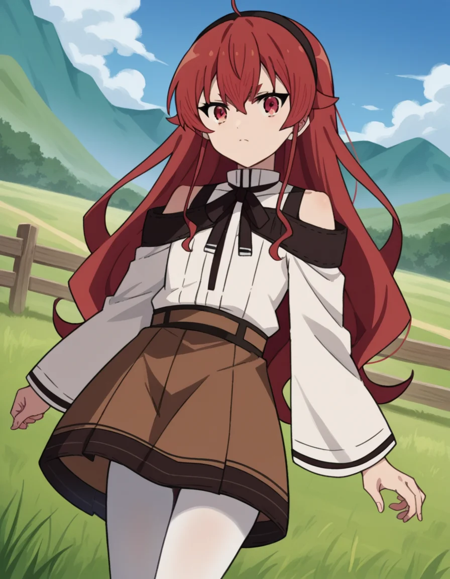 score_9, score_8_up, score_7_up, source_anime,
erisgreyrat, <lora:eris-boreas-greyrat-s1-ponyxl-lora-nochekaiser:1>,
eris greyrat, ahoge, hair between eyes, long hair, red eyes, red hair, sidelocks,
black hairband, black ribbon, brown skirt, hairband, long sleeves, neck ribbon, pantyhose, ribbon, shirt, shoulder cutout, skirt, white pantyhose, white shirt, wide sleeves,
outdoors, landscape, farm,
looking at viewer, dutch angle, cowboy shot,